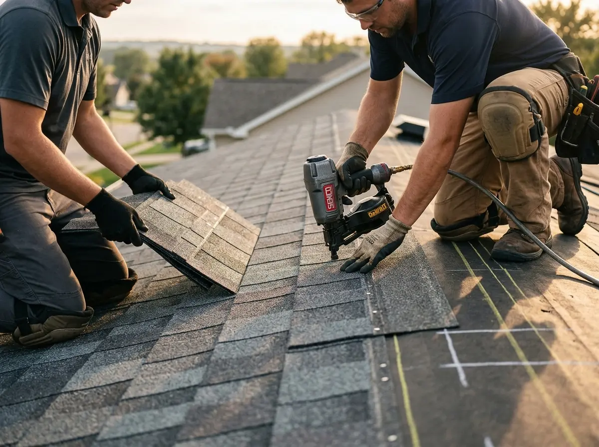 Professional roofer working on a residential roof in Villa Hills
